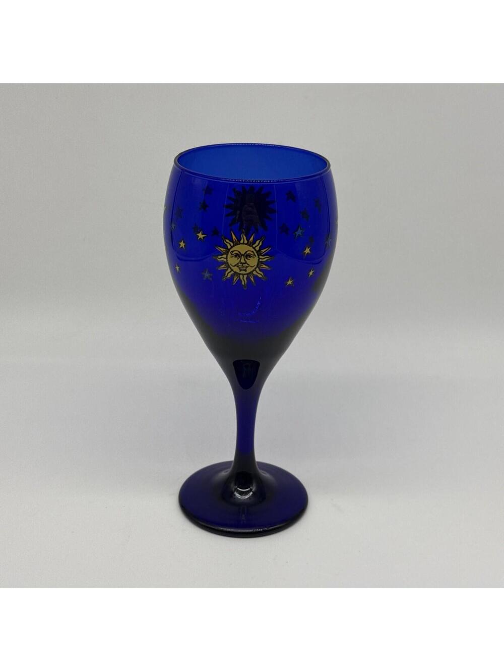 Libbey Celestial Goblet Glass SUN MOON STARS Glass Cobalt Blue